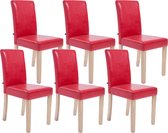 CLP Ina Set van 6 Eetkamerstoelen - Zonder armleuning - Hout - Kunstleer - rood natura