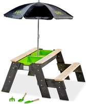 Table d'activités sable et eau, et de pique-nique (1 banc) avec parasol et outils de jardinage EXIT Aksent