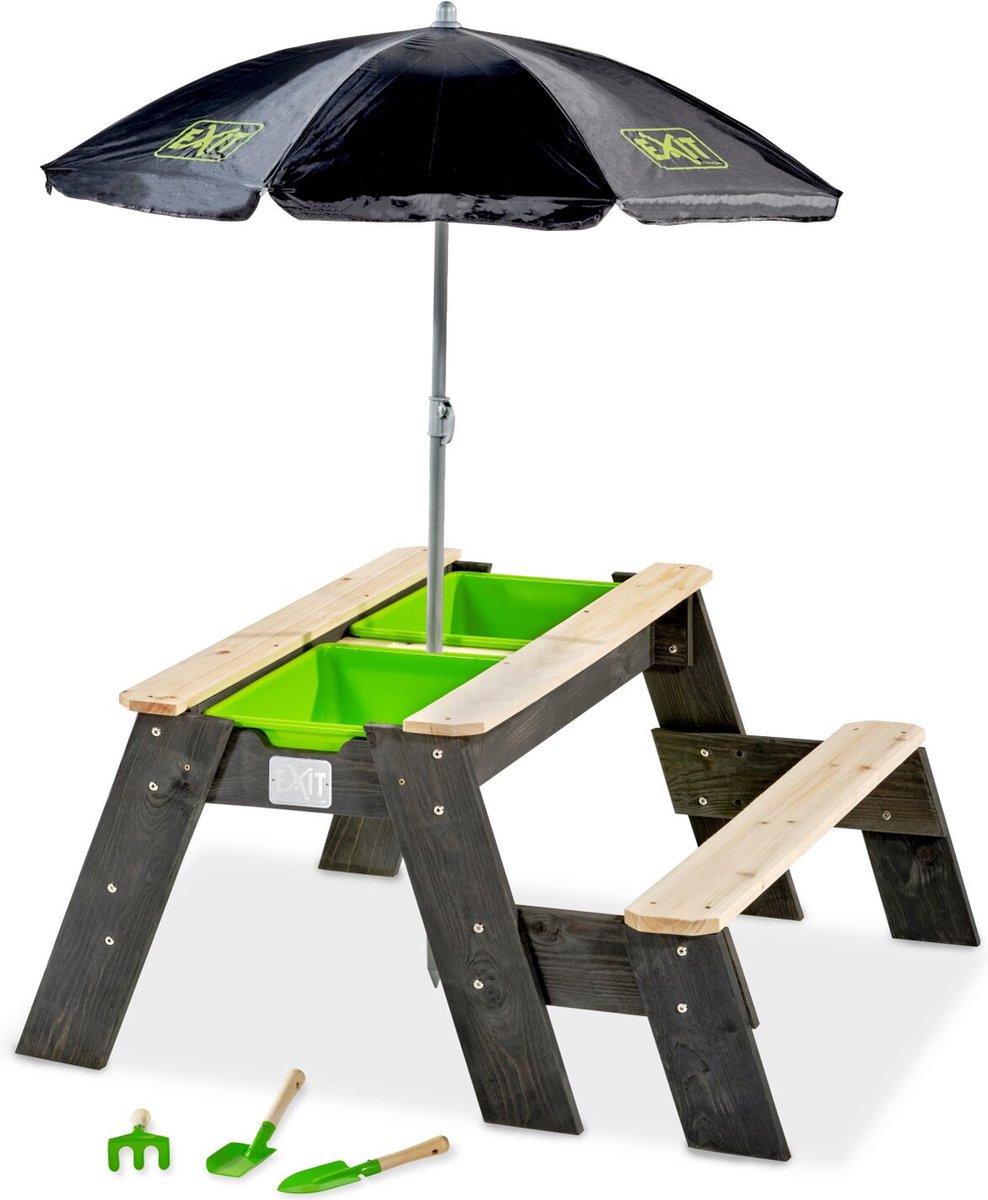 EXIT Aksent zand-, water- en picknicktafel (1 bankje) met parasol en tuingereedschap