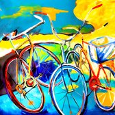 JJ-Art (Canvas) | Fietsen op het strand, abstract in felle kleuren olieverf stijl, woonkamer - slaapkamer| Blauw, groen, geel, rood, vierkant, modern | Foto-Schilderij print op Canvas (canvas