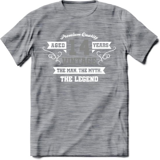 14 Jaar Legend T-Shirt | Zilver - Wit | Grappig Verjaardag en Feest Cadeau | Dames - Heren - Unisex | Kleding Kado | - Donker Grijs - Gemaleerd - M