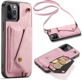 Casemania Hoesje Geschikt voor Apple iPhone 12 Pro Max Pale Pink - Luxe Back Cover met Koord - Wallet Case - Pasjeshouder