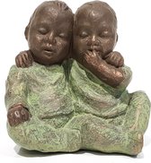 Geert Kunen / Skulptuur / Beeld / 2 baby's - Kinderen - bruin / groen - 11 x 7 x 12 cm hoog.