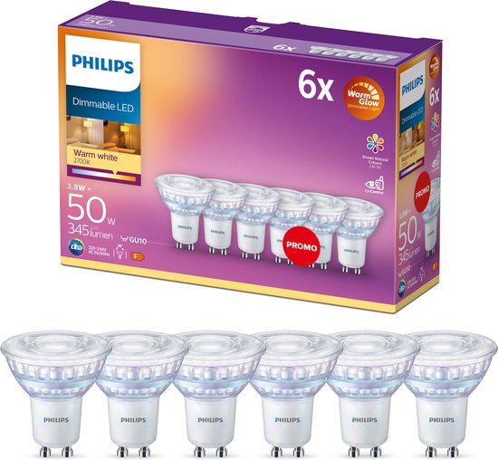 Philips LED Spot GU10 lichtbron - 3.8W/50W - Warm wit licht - Dimbaar - 6 stuks