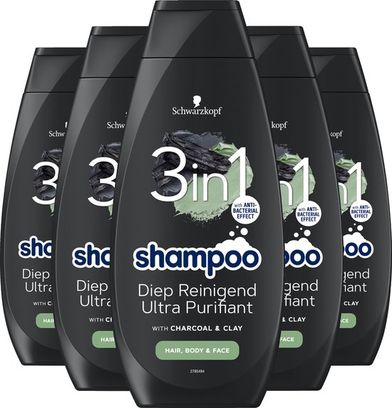 Schwarzkopf Men 3in1 Charcoal Shampoo 5x 400ml - Grootverpakking