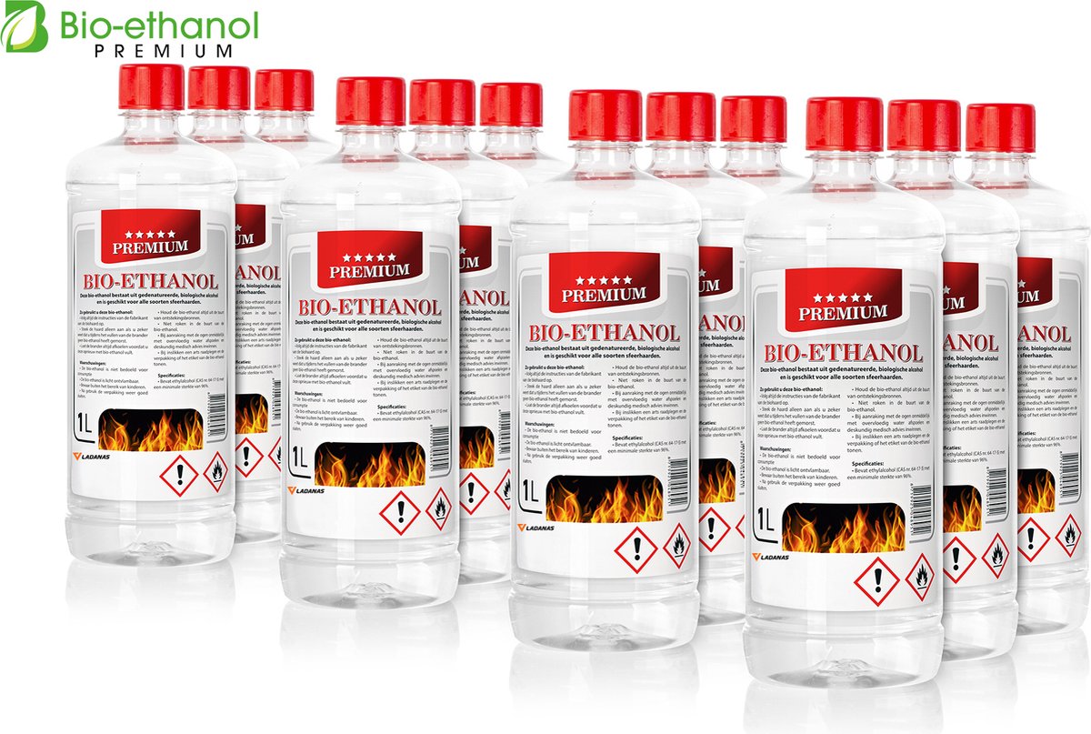 Ladanas® Bio-Ethanol 12 x 1 Liter - PREMIUM - Naturel - Bioethanol 96,6% - Biobrandstof