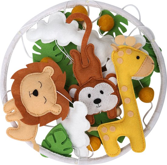 Kersvers - Box mobiel - Mobiel baby jongen - Dieren - Kraamcadeau - safari - Jungle - Leeuw - Giraffe - Aapje - Vilt - Wieg - Babykamer - zonder muziekarm - jungle speelgoed - jungle knuffel — afbeelding 2