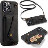 Apple iPhone 13 Pro Max Casemania Hoesje Charcoal Gray - Luxe Back Cover met Koord - Wallet Case - Pasjeshouder