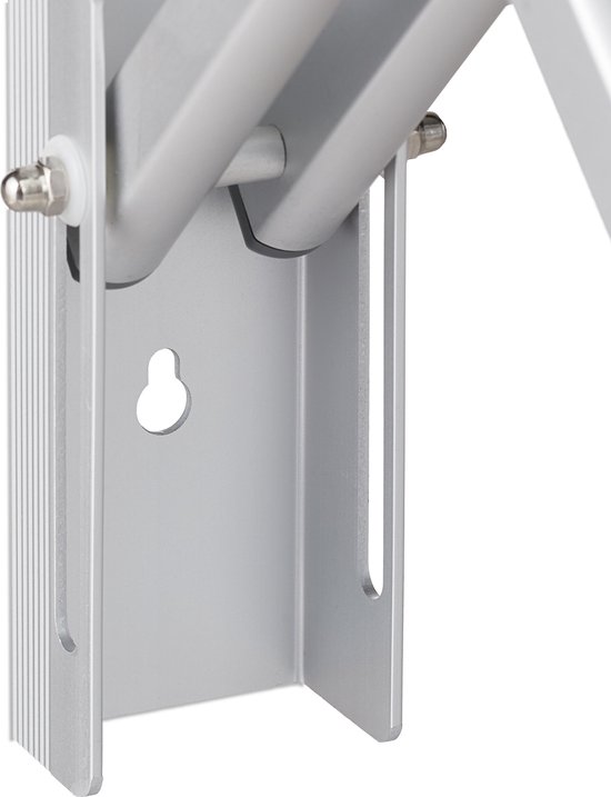 Zilverkleurig aluminium muurbevestiging van een inklapbaar droogrek, close-up.
