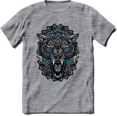 Wolf - Dieren Mandala T-Shirt | Blauw | Grappig Verjaardag Zentangle Dierenkop Cadeau Shirt | Dames - Heren - Unisex | Wildlife Tshirt Kleding Kado | - Donker Grijs - Gemaleerd - L