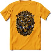 Wolf - Dieren Mandala T-Shirt | Donkerblauw | Grappig Verjaardag Zentangle Dierenkop Cadeau Shirt | Dames - Heren - Unisex | Wildlife Tshirt Kleding Kado | - Geel - S