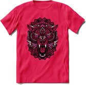 Wolf - Dieren Mandala T-Shirt | Roze | Grappig Verjaardag Zentangle Dierenkop Cadeau Shirt | Dames - Heren - Unisex | Wildlife Tshirt Kleding Kado | - Roze - L