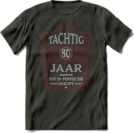 80 Jaar Legendarisch Gerijpt T-Shirt | Rood - Grijs | Grappig Verjaardag en Feest Cadeau Shirt | Dames - Heren - Unisex | Tshirt Kleding Kado | - Donker Grijs - L