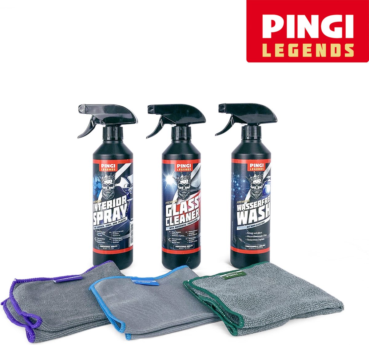 Pingi Car Care Schoonmaakset Interieur en Exterieur; Waterless Wash, Interior spray, Glass Cleaner, en 3 Microvezeldoeken; [voordeelset]