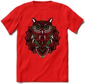 Uil - Dieren Mandala T-Shirt | Groen | Grappig Verjaardag Zentangle Dierenkop Cadeau Shirt | Dames - Heren - Unisex | Wildlife Tshirt Kleding Kado | - Rood - XL