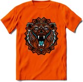 Beer - Dieren Mandala T-Shirt | Lichtblauw | Grappig Verjaardag Zentangle Dierenkop Cadeau Shirt | Dames - Heren - Unisex | Wildlife Tshirt Kleding Kado | - Oranje - S