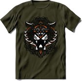 Tijger - Dieren Mandala T-Shirt | Oranje | Grappig Verjaardag Zentangle Dierenkop Cadeau Shirt | Dames - Heren - Unisex | Wildlife Tshirt Kleding Kado | - Leger Groen - L