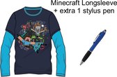 Minecraft T-shirt Longsleeve. Kleur Donkerblauw/Koningsblauw. Maat 128 cm / 8 jaar + EXTRA 1 Stylus Pen.