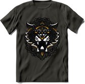 Tijger - Dieren Mandala T-Shirt | Geel | Grappig Verjaardag Zentangle Dierenkop Cadeau Shirt | Dames - Heren - Unisex | Wildlife Tshirt Kleding Kado | - Donker Grijs - XXL