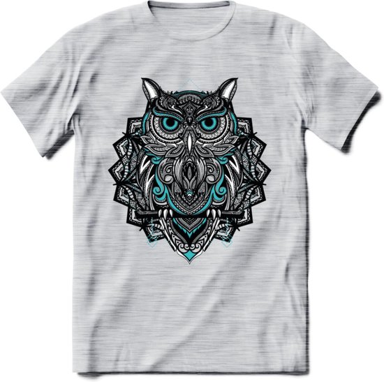 Uil - Dieren Mandala T-Shirt | Lichtblauw | Grappig Verjaardag Zentangle Dierenkop Cadeau Shirt | Dames - Heren - Unisex | Wildlife Tshirt Kleding Kado | - Licht Grijs - Gemaleerd - L