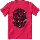 Wolf - Dieren Mandala T-Shirt | Rood | Grappig Verjaardag Zentangle Dierenkop Cadeau Shirt | Dames - Heren - Unisex | Wildlife Tshirt Kleding Kado | - Roze - XL