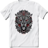 Wolf - Dieren Mandala T-Shirt | Rood | Grappig Verjaardag Zentangle Dierenkop Cadeau Shirt | Dames - Heren - Unisex | Wildlife Tshirt Kleding Kado | - Wit - L