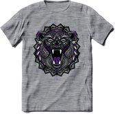 Beer - Dieren Mandala T-Shirt | Paars | Grappig Verjaardag Zentangle Dierenkop Cadeau Shirt | Dames - Heren - Unisex | Wildlife Tshirt Kleding Kado | - Donker Grijs - Gemaleerd - L