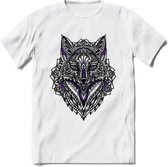 Vos - Dieren Mandala T-Shirt | Paars | Grappig Verjaardag Zentangle Dierenkop Cadeau Shirt | Dames - Heren - Unisex | Wildlife Tshirt Kleding Kado | - Wit - L