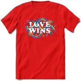 Love Wins | Pride T-Shirt | Grappig LHBTIQ+ / LGBTQ / Gay / Homo / Lesbi Cadeau Shirt | Dames - Heren - Unisex | Tshirt Kleding Kado | - Rood - XXL