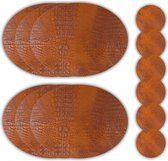 Coaster Queen - 6 Placemats en 6 Onderzetters - Leer - Croco Cognac/Camel - Ovaal