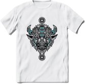 Bizon - Dieren Mandala T-Shirt | Lichtblauw | Grappig Verjaardag Zentangle Dierenkop Cadeau Shirt | Dames - Heren - Unisex | Wildlife Tshirt Kleding Kado | - Wit - 3XL