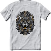 Leeuw - Dieren Mandala T-Shirt | Geel | Grappig Verjaardag Zentangle Dierenkop Cadeau Shirt | Dames - Heren - Unisex | Wildlife Tshirt Kleding Kado | - Licht Grijs - Gemaleerd - S