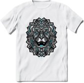 Leeuw - Dieren Mandala T-Shirt | Lichtblauw | Grappig Verjaardag Zentangle Dierenkop Cadeau Shirt | Dames - Heren - Unisex | Wildlife Tshirt Kleding Kado | - Wit - XXL