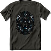 Leeuw - Dieren Mandala T-Shirt | Blauw | Grappig Verjaardag Zentangle Dierenkop Cadeau Shirt | Dames - Heren - Unisex | Wildlife Tshirt Kleding Kado | - Donker Grijs - M