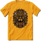 Leeuw - Dieren Mandala T-Shirt | Rood | Grappig Verjaardag Zentangle Dierenkop Cadeau Shirt | Dames - Heren - Unisex | Wildlife Tshirt Kleding Kado | - Geel - S