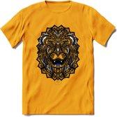 Leeuw - Dieren Mandala T-Shirt | Donkerblauw | Grappig Verjaardag Zentangle Dierenkop Cadeau Shirt | Dames - Heren - Unisex | Wildlife Tshirt Kleding Kado | - Geel - L