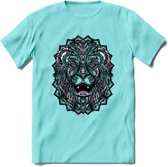 Leeuw - Dieren Mandala T-Shirt | Roze | Grappig Verjaardag Zentangle Dierenkop Cadeau Shirt | Dames - Heren - Unisex | Wildlife Tshirt Kleding Kado | - Licht Blauw - L