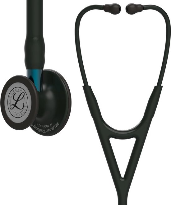 Foto: Littmann cardiology iv stethoscoop borststuk met zwarte afwerking zwarte slang blauwe steel en zwarte headset 6201