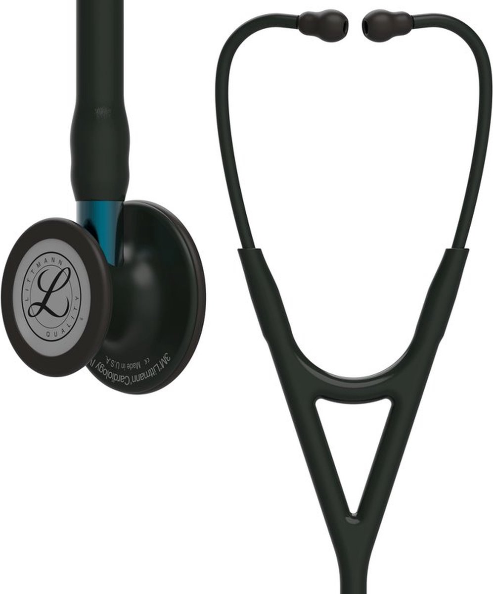 Goedkoopste Littmann Cardiology IV Stethoscoop, borststuk met zwarte afwerking, zwarte slang, blauwe steel en zwarte headset, 6201