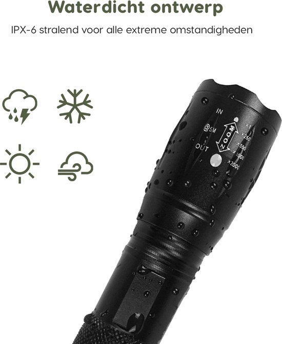Paax Militaire LED Zaklamp - 2000 Lumen - Oplaadbaar 4200 mAh - Incl. Hardcase Opbergdoos, Oplader & Batterij - Paax