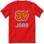 39 Jaar Feest T-Shirt | Goud - Zilver | Grappig Verjaardag Cadeau Shirt | Dames - Heren - Unisex | Tshirt Kleding Kado | - Rood - 3XL