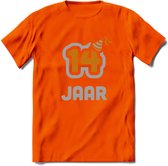 14 Jaar Feest T-Shirt | Goud - Zilver | Grappig Verjaardag Cadeau Shirt | Dames - Heren - Unisex | Tshirt Kleding Kado | - Oranje - S