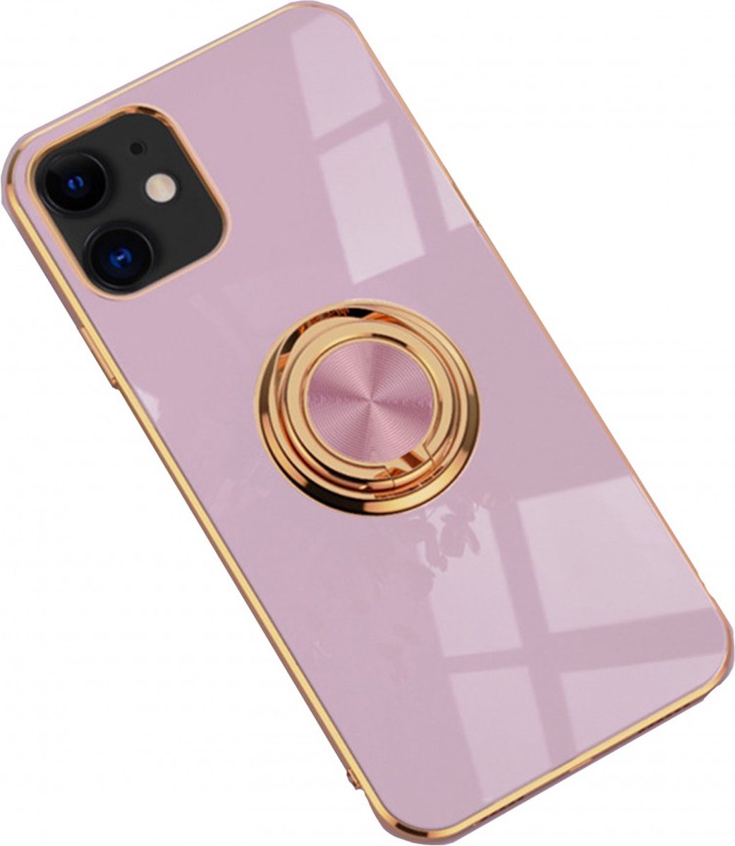 iPhone 12 Mini hoesje met ring - Kickstand - iPhone - Goud detail - Handig - Hoesje met ring - 5 verschillende kleuren - zalm roze - Grijs/blauw - Donker groen - Zwart - Paars