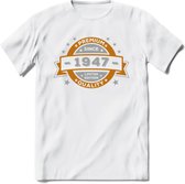 Premium Since 1947 T-Shirt | Zilver - Goud | Grappig Verjaardag en Feest Cadeau Shirt | Dames - Heren - Unisex | Tshirt Kleding Kado | - Wit - XL