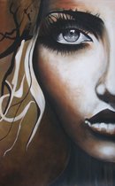 Schilderij- 90x140cm Wandkleed Vrouw Meisje  Schilderij "Half face" Bruin Zwart Natuurtinten Aardetinten Handgeschilderd Acrylverf