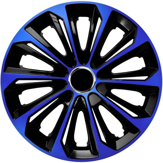 Zwarte wieldoppen MAXIM BAS 15 inch azuurblauwe spaken en chroom ring
