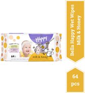 Bella Baby Happy Wet Wipes Melk & Honing (64 stucks Per Pak), pak van 5 combo- 320 Stucks