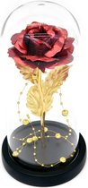 Beauty and the Beast Rose Kit, Rood Goud Folie Rose en LED Licht met Gouden Kralen in Glazen Koepel op Zwarte Houten Basis voor Huisdecoratie Verjaardag Bruiloft Moederdag - Valentijn cadeaut