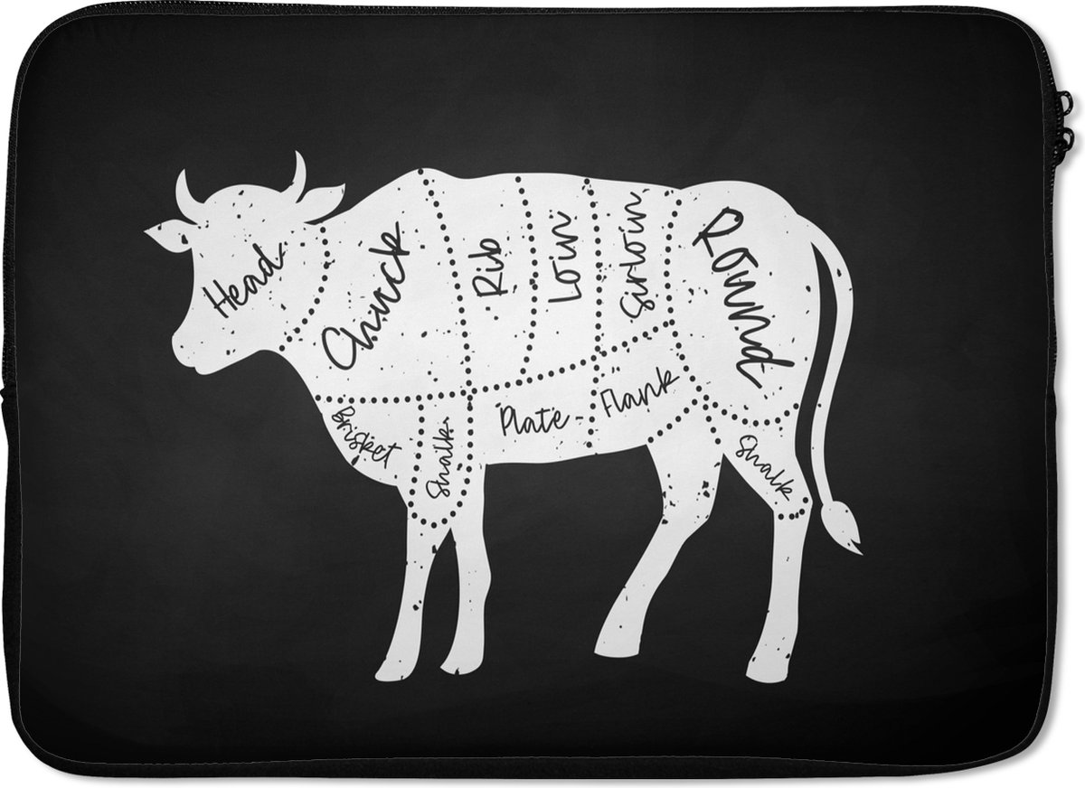 Laptophoes 14 inch - Koe - Keuken - Vlees - Laptop sleeve - Binnenmaat 33x23 cm - Zwarte achterkant - Cadeau voor vrouw