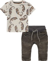 Noppies - Kledingset - 2delig - Broek Jeans grijs - Shirt oatmeal met gekko's - Maat 80